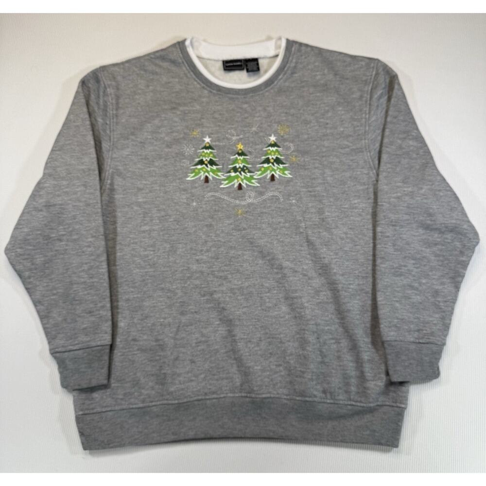 Bobbie Brooks Christmas Sweatshirt Women L Gray Fleece Holiday Trees